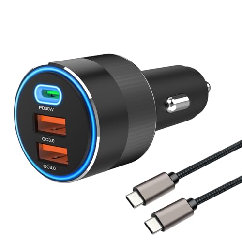 66W 3 Port Zigarettenanzünder USB C Adapter Kfz Ladegerät PD30W+Dual QC 3.0 18W Autoladegerät für Zigarettenanzünder Schnellladung mit 1M USB C Ladekabel 3A von Hoembpn