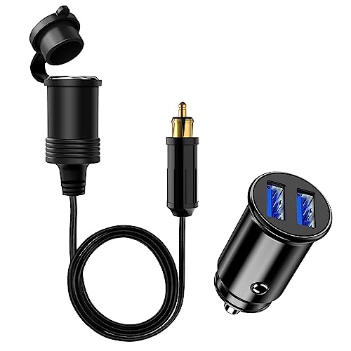 90cm DIN Stecker auf Zigarettenanzünder Buchse Adapter Verlängerungskabel Wasserdicht, 12V / 24V Dual USB Port Zigarettenanzünder Auto Ladegerät für Auto, Motorrad, LKW von Hoembpn