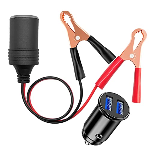 Hoembpn Batterie Clip Krokodilklemme auf 12V Auto Zigarettenanzünder Steckdose Adapter Verlängerungskabel Buchse 18AWG, 12V/24V Mini Dual USB Port Zigarettenanzünder Auto Ladegerät von Hoembpn