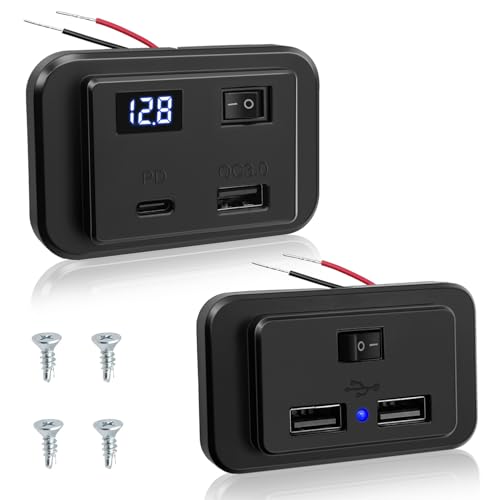 Hoembpn Dual USB Steckdose 12V Wohnmobil Ladebuchse mit LED Voltmeter und Schalter, Auto Ladegerät PD Type C und QC3.0 USB 12V/24V Schnellladung Panel für KFZ Bus LKW Marine SUV von Hoembpn