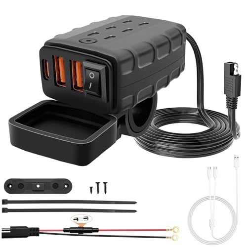 Hoembpn Wasserdichtes Motorrad USB Ladegerät [2 USB-A +1 Type-C] mit EIN/Aus-Schalter und LED, Multi USB Kabel, Motorrad Steckdose für 12V-24V Fahrrad, ATV, Boote (10A Sicherung) von Hoembpn