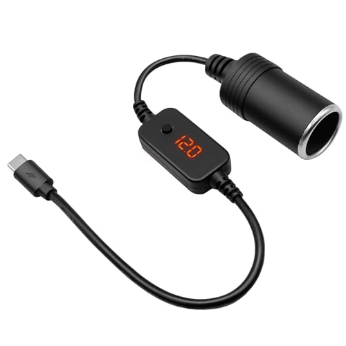 USB C Stecker auf 12V Auto Zigarettenanzünder Buchse Adapter Kabel Konverter mit Voltmeter Anzeige, Einstellbare Spannung 5V/9V/12V, Geeignet für Auto Ladegerät, GPS, Dash Cam USB C Stecker auf 12V Auto Zigarettenanzünder Buchse Adapter Kabel Konverter mit Voltmeter Anzeige, Einstellbare Spannung 5V/9V/12V, Geeignet für Auto Ladegerät, GPS, Dash Cam von Hoembpn