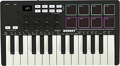 HOEREV MIDI-Tastatur-Controller mit 8 hintergrundbeleuchteten Schlagzeugpolstern, kabellos, halbgewichtet, professionell, dynamisch, 8 Knöpfe, 25 Tasten, USB mit Lithium-Akku, Schwarz von Hoerev