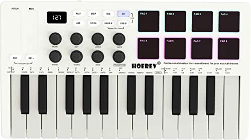 HOEREV MIDI-Tastatur-Controller mit 8 hintergrundbeleuchteten Trommelpads, kabellos, halbgewichtet, professionell, dynamisches Keybed Knöpfen, 25 Tasten, USB Lithium-Batterie, FBA_M008_Midi_White von Hoerev