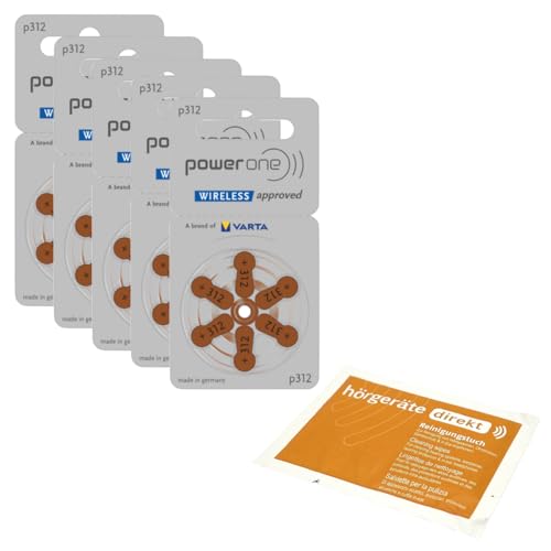 30x Power One P312 Hörgerätebatterien PR41 (5X 6er Blister) + DIREKT Reinigungstuch | für Hörgeräte von Hörgeräte Direkt
