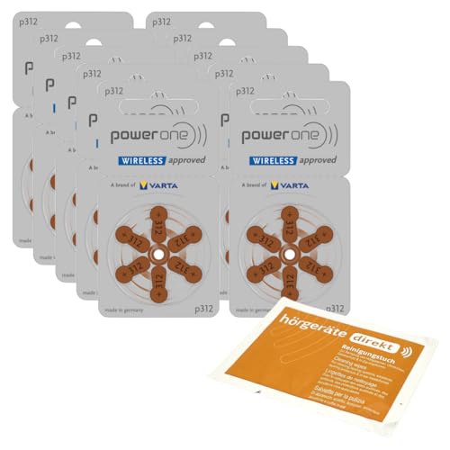 60x Power One 312 Hörgerätebatterien P312 PR41 (10x 6er Blister) + DIREKT Reinigungstuch | für Hörgeräte von Hörgeräte Direkt