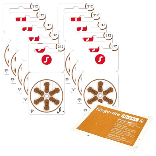 60x Signia 312 Hörgerätebatterien P312 PR41 (10x 6er Blister) + DIREKT Reinigungstuch | für Hörgeräte von Hörgeräte Direkt