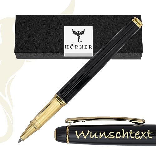 Hörner Nobilis - Premium Tintenroller Schwarz Gold mit Gravur I Geschenk-Box I Schreibfarbe Blau I Strichstärke M 0,7 mm I Hochwertiges Etui I Hochwertiger personalisierter Rollerball Pen von Hörner