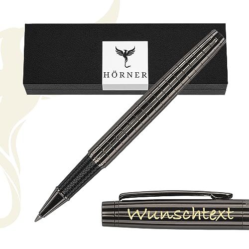 Hörner URBAN - Hochwertiger Tintenroller mit Gravur I Premium Geschenkbox I Schreibfarbe Schwarz 0,7 mm I Wechselbare Mine I Strichstärke M I Rollerball Pen Metall von Hörner