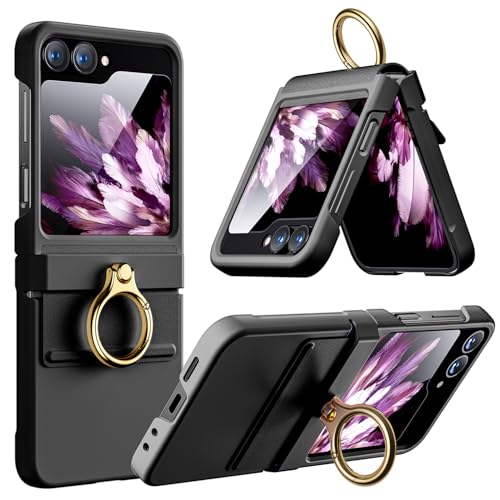 Hoerrye Handyhülle für Samsung Galaxy Z Flip 6 Hülle CASE Cover mit Ring[Eingebauter Magnet für MagSafe und Displayschutzfolie] Anti-Drop,Dünne Drahtlose Aufladung PU Leder Schutzhülle Black von Hoerrye