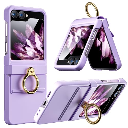 Hoerrye Handyhülle für Samsung Galaxy Z Flip 6 Hülle CASE Cover mit Ring[Eingebauter Magnet für MagSafe und Displayschutzfolie] Anti-Drop,Dünne Drahtlose Aufladung PU Leder Schutzhülle Violet von Hoerrye