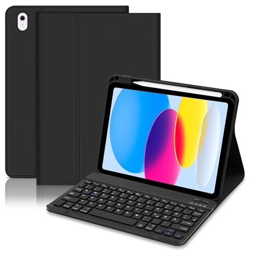 Hofsos Hülle mit Tastatur für Ipad A16 11 Generation 2025/10 Generation 2022 (10,9/11 Zoll) - QWERTZ Layout Keyboard, Magnetische Abnehmbare Schutzhülle mit Pencil Halter für iPad 11./10. Gen, Schwarz von Hofsos