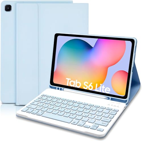 Hülle mit Tastatur für Samsung Galaxy Tab S6 Lite 2024/2022/2020, Schutzhülle mit Pencil Halter Wireless Tastatur (Deutsches Layout) für Tab S6 Lite 10,4' (P610/P613/P615/P619/P620/P5625), Blau von Hofsos