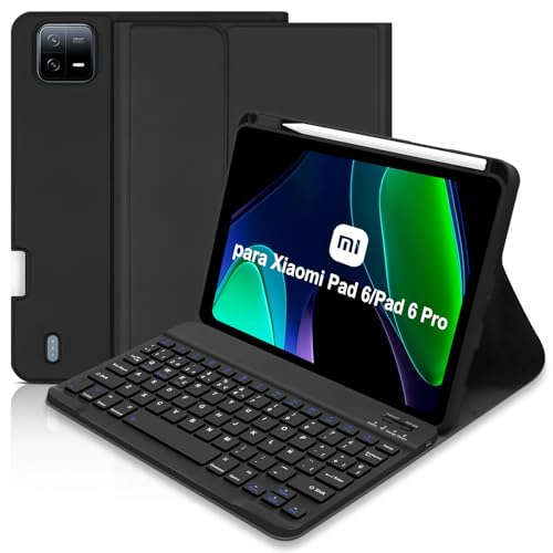 Hofsos Schutzhülle mit Tastatur für Xiaomi Pad 6/Pad 6 Pro 27,9 cm (11 Zoll), Bluetooth, spanische Tastatur, mit abnehmbarer Tastatur mit Stifthalter für Xiaomi Redmi Pad 6, 27,9 cm (11 Zoll), Schwarz von Hofsos