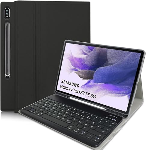 Hofsos Tastatur Hülle für Samsung Galaxy Tab S7 FE 12.4/S8+ Plus 2022/S7+ Plus,Wireless Abnehmbare Tastatur mit Bluetooth QWERTZ Schutzhülle für Samsung Tab S7 FE/ S7+/S7 Plus/S8 Plus, Schwarz von Hofsos