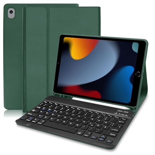 Hofsos iPad 9.Generation Hülle mit Tastatur, ipad 10.2 Tastatur hülle für ipad 9./ 8. /7. Generation, Schutzhülle mit Stifthalter Wireless Abnehmbare QWERTZ Tastatur für iPad 9, Dunkelgrün von Hofsos