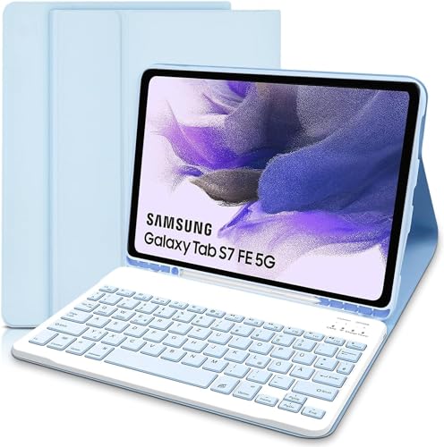 Tastatur Hülle für Samsung Galaxy Tab S7 FE 12.4/S8+ Plus 2022/S7+ Plus,Wireless Abnehmbare Tastatur mit Bluetooth QWERTZ Schutzhülle für Samsung Tab S7 FE/ S7+/S7 Plus/S8 Plus, Blau von Hofsos