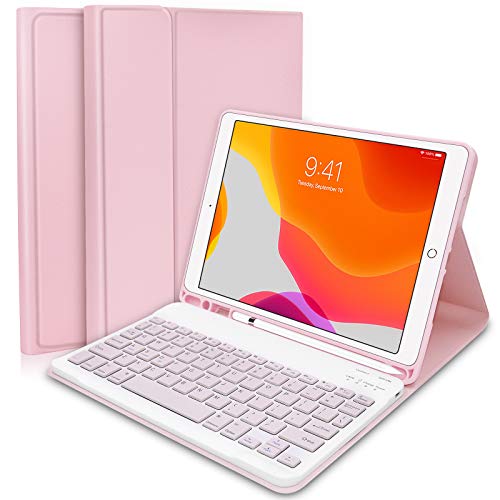 Hülle mit Tastatur für iPad 10.2 2020 8.Generation & 2019 7.Generation - Slim Schutzhülle mit Apple Pencil Halter Wireless Abnehmbare Tastatur (Rosa) von Hofsos
