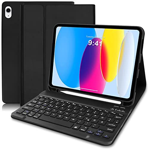 IPad 10 Generation Tastatur Hülle (Deutsches), Hülle mit Tastatur für iPad 10th Gen 2022 10,9 Zoll, Slim Schutzhülle mit Pencil Halter Wireless Abnehmbare Tastatur für iPad 10. Gen 10,9", Schwarz von Hofsos