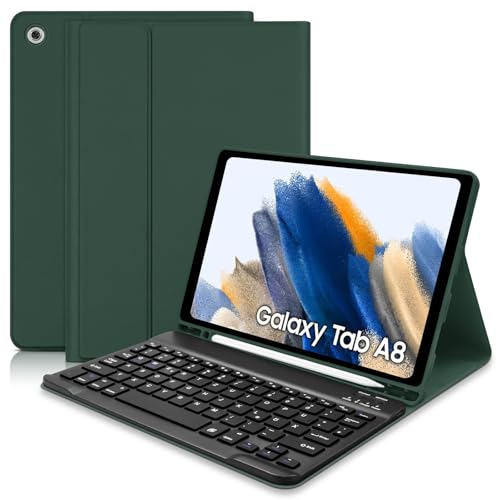 Samsung Galaxy Tab A8 Hülle mit Tastatur (SM-X200/X205)- Schutzhülle mit Pencil Halter Wireless Abnehmbare Tastatur (Deutsches QWERTZ) für Samsung Tab A8 10.5 2022, Dunkelgrün von Hofsos