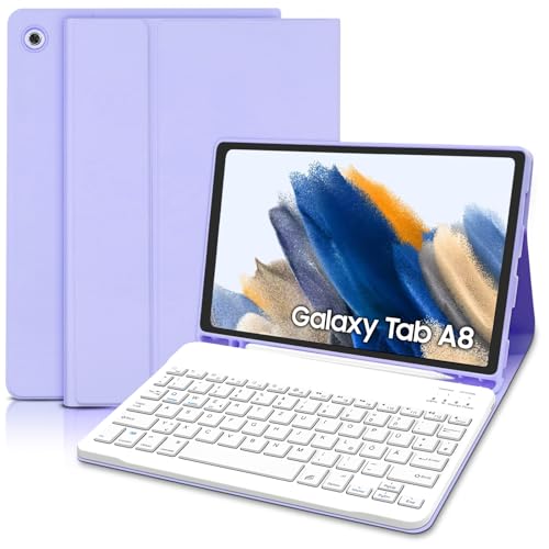 Samsung Galaxy Tab A8 Hülle mit Tastatur - Schutzhülle mit Pencil Halter Wireless Abnehmbare Tastatur (Deutsches QWERTZ) für Samsung Tab A8 10.5 2022 (SM-X200/X205/X207), Helles Lila von Hofsos