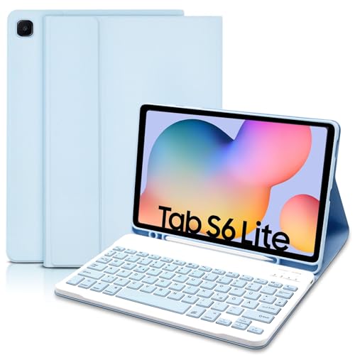 Samsung Tab S6 Lite Hülle mit Tastatur 10.4 Zoll 2024/2022/2020, Hülle mit Pencil Halter Wireless Tastatur (Deutsches Layout) für Galaxy Tab S6 Lite 10,4 (P610/P613/P615/P619/P620/P5625), Blau von Hofsos