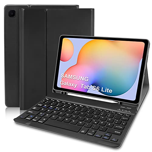 Samsung Galaxy Tab S6 Lite Hülle mit Tastatur, Schutzhülle mit Pencil Halter Wireless Tastatur (QWERTZ Deutsches Layout) für Samsung Galaxy Tab S6 Lite 10,4 2022/2020(P610/P613/P615/P619), Schwarz von Hofsos