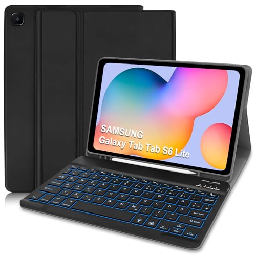 Samsung Tab S6 Lite Hülle mit Tastatur, Schutzhülle mit Pencil Halter Wireless Beleuchtete Tastatur (QWERTZ Deutsches) für Galaxy Tab S6 Lite 10,4 2022/2020(P610/P613/P615/P619), Schwarz von Hofsos