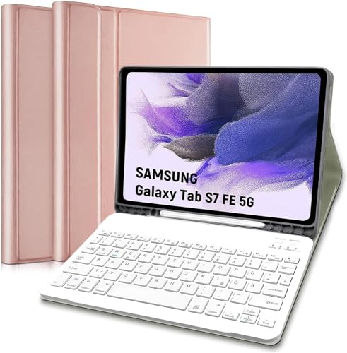 Tastatur Hülle für Samsung Galaxy Tab S7 FE mit Tastatur (Deutsches QWERTZ) - Schutzhülle mit Pencil Halter Wireless Abnehmbare Tastatur für Galaxy Tab S7 FE/ S7+/S7 Plus/S8 Plus, Roségold von Hofsos