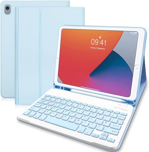 iPad 9.Generation Hülle mit Tastatur(Deutsches QWERTZ), ipad Tastatur 9. Generation 10.2 Zoll, Slim Schutzhülle mit Pencil Halter Tastatur für iPad 9/8/ 7/ iPad Air 3/ iPad Pro 10.5, Himmelblau von Hofsos