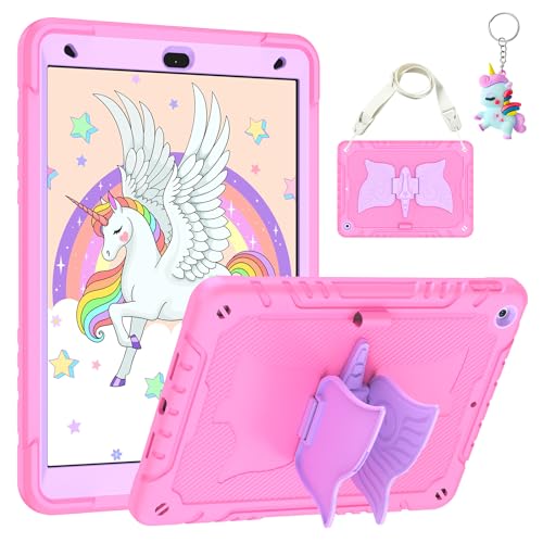 Hogenl Hülle für iPad 9./8./7. Generation 10,2 Zoll 2021 2020 2019 Cover mit Schlüsselanhänger, Schutzhülle mit Ständer & Schultergurt & Stifthalter Kompatibel mit iPad 9/8/7, Pink Lila von Hogenl