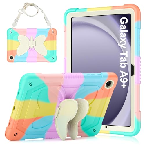 Hogenl Schmetterlings Hülle für Samsung Galaxy Tab A9+ / A9 Plus 11 Zoll 2023 Cover, Schutzhülle mit Ständer & Schultergurt & Stifthalter 360 Ganzkörper Case Kompatibel mit Galaxy Tab A9+, Farbig von Hogenl