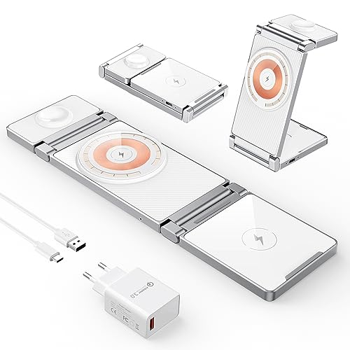Kabelloses Ladegerät,Hohosb 3 in 1 Zinklegierung Faltbar Magnetische Ladestation[Kompatibel mit Magsafe Ladegerät]für iPhone 15/14/13/12 Series,AirPods Pro/3/2,iWatch 9/8/7/6/SE/5/4/3/2 (Weiß) von Hohosb