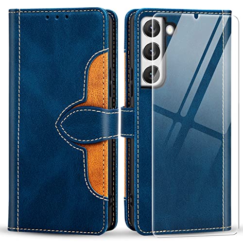 Hohosb Samsung Galaxy S22 Hülle 5G,Galaxy S22 hülle mit Temperierte Folie[Premium PU Leder] [Standfunktion][Kartenfach] [Magnetverschluss] Handyhülle Galaxy S22 5G,6.1 Zoll(Blau) von Hohosb