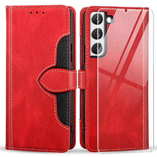 Hohosb Samsung Galaxy S22 Hülle 5G,Galaxy S22 hülle mit Temperierte Folie[Premium PU Leder] [Standfunktion][Kartenfach] [Magnetverschluss] Handyhülle Galaxy S22 5G,6.1 Zoll(Rot) von Hohosb