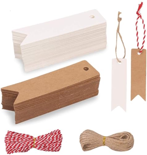 Hoiny Geschenk Anhänger 200 stk.Kraftpapier Anhänger Etiketten Geschenkanhänger mit Jute Schnur für Hochzeitsgeschenke, Party-Geschenkanhänger und Weihnachten (Kraft + weiß) von Hoiny