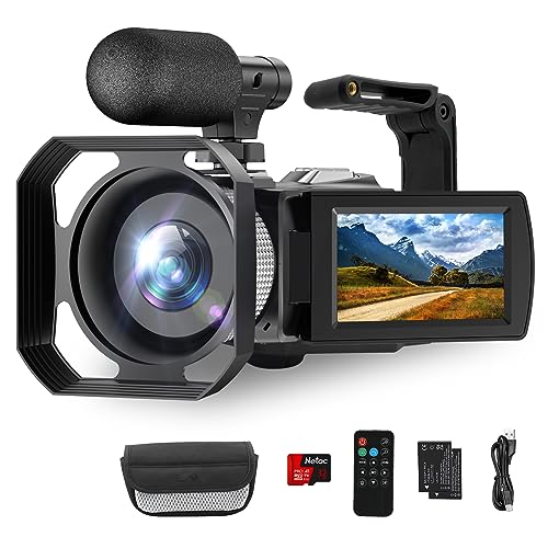 Hojocojo Videokamera 4K Camcorder 48MP 60FPS, 18X Digitalzoom Webcam Video Kamera Vlogging Kamera für YouTube mit Handstabilisator, Gegenlichtblende, Fernbedienung, 2 Batterien, 32GB SD Karte von Hojocojo