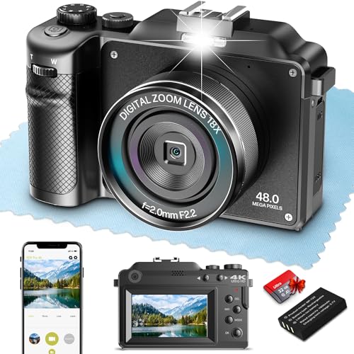 Vlogging Kamera, 4K 48MP Digitalkamera mit WLAN, kostenlose 32G TF-Karte und Handschlaufe, Autofokus & Anti-Shake, integrierte 7 Farbfilter, Gesichtserkennung, 140° Weitwinkel, 18xDigital Zoom von Hojocojo