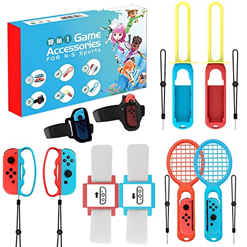 [10 in 1] Zubehör Set Kompatibel für Nintendo Switch Sports, Armbänder, Beingurt, Fechtgriff, Boxgriff, Tennisschläger von HoldPeak