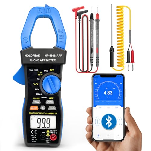 Bluetooth Clamp Meter, Stromzange 580S-APP Multimeter Zangenmessgerät mit TRMS 6000 Counts Auto-Range Zangenmultimeter, NCV 1000A AC/DC Volt Ohm Widerstand Kapazität Durchgang Temperatur Diode von HoldPeak