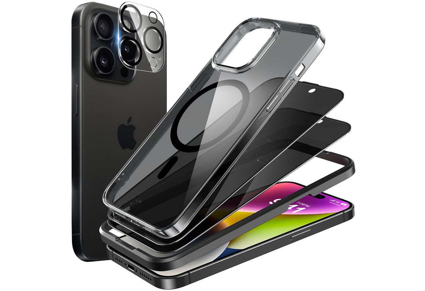 Holeohon Handyhülle 5 in 1 Smartphone-Hülle & Blickschutz für iPhone 15 Pro Max/ iPhone 15 Pro/ iPhone 15 Plus/ iPhone 15, Wireless-Charging, Transparentes Schwarz Case, nie Vergilbend von Holeohon