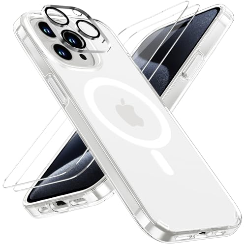 Holidi 4 in 1 Handyhülle für iPhone 15 Pro Hülle mit Magsafe, mit 1 Nicht Vergilbend Handyhülle + 2 Stück Schutzfolie + 1 Stück Kameraschutz, Anti-Gelb Stoßfest Case Schutzhülle. Transparent von Holidi