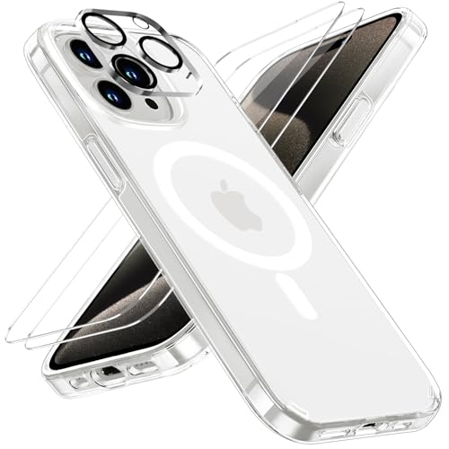 Holidi 4 in 1 Handyhülle für iPhone 15 Pro Max Hülle mit Magsafe, mit 1 Nicht Vergilbend Handyhülle + 2 Stück Schutzfolie + 1 Stück Kameraschutz, Anti-Gelb Stoßfest Case Schutzhülle. Transparent von Holidi