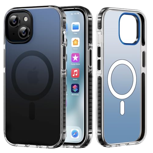 Holidi Hülle für iPhone 15 Kompatibel mit MagSafe, magnetische HandyHülle Case für iPhone 15 Schutzhülle Kratzfeste Rückseite Durchscheinende Matt, Matt Schwarz + Farbverlauf Blau von Holidi