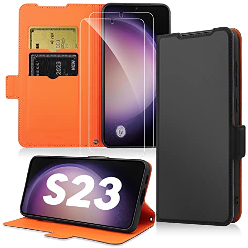 Holidi S23 Hülle 5G Handyhülle +2 PCS Schutzfolie [Kartenfach] [Magnet] [Stand] [rundum Schutz] [Kratzfest robust], TPU Stoßfest Schutzhülle Klapphülle Kompatibel für Samsung S23 6,1. Schwarz von Holidi