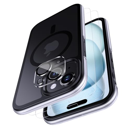 Holidi für iPhone 15 Hülle Kompatibel mit MagSafe『4 IN 1』3D-Airbag Protection Phone, Handyhülle Stoßfest Kratzfest Schutzhülle Case Edle Matt - Schwarz von Holidi