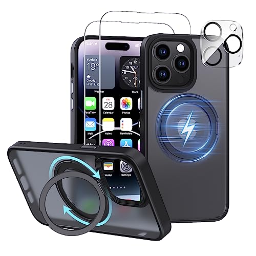 Holidi iPhone 14 Pro Max Hülle Kompatibel mit MagSafe, 360°drehbarer Magnetring, Handyhülle mit Ständer/Halter,Schutzhülle iPhone 14 Pro Max mit Schutzglas, Schutz Militärischer. Matt schwarz von Holidi