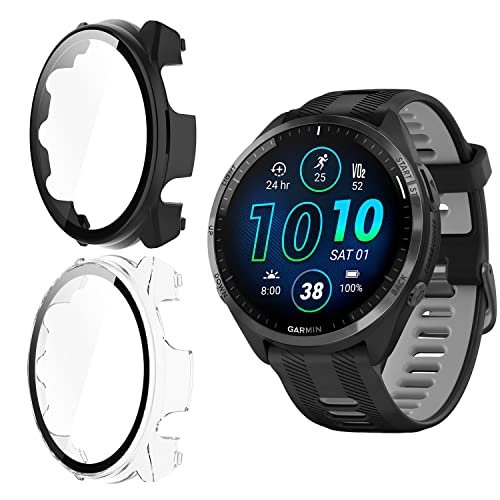 Holilo 2 Stück Hülle Mit Gehärtetes Glas Displayschutz Kompatibles für Garmin Forerunner 965 Rundum Schutzhülle, Vollständige Abdeckung Ultradünne Kratzfest Schutz Case Schwarz+Transparent von Holilo