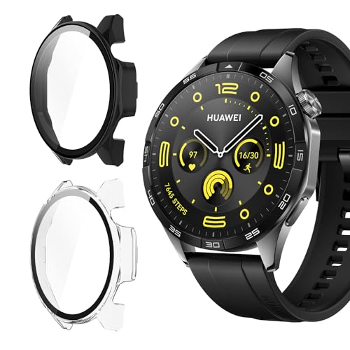 Holilo 2 Stück Hülle Mit Gehärtetes Glas Displayschutz Kompatibles für Huawei Watch GT4 46mm Rundum Schutzhülle, Vollständige Abdeckung Schutzhülle Ultradünne Kratzfest Schutz Case Cover von Holilo