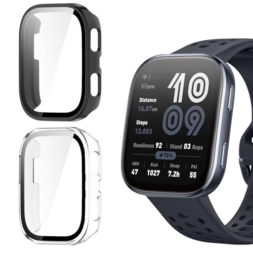 Holilo 2 Stück Hülle Mit Gehärtetes Glas Displayschutz für Amazfit Bip 6 Rundum Schutzhülle,Vollständige Abdeckung Schutzhülle Ultradünne Kratzfest Schutz Case-Schwarz+Transparent von Holilo